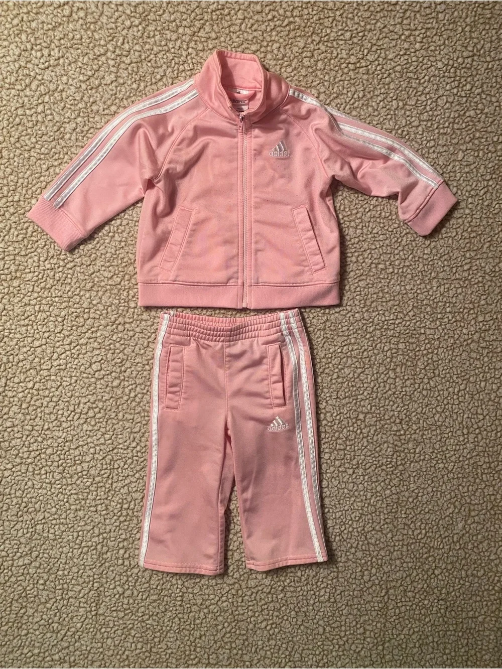 Adidas Pink Track Suit Pants Jacket White Leg Sleeve Stripe Zip Coat 12 Month